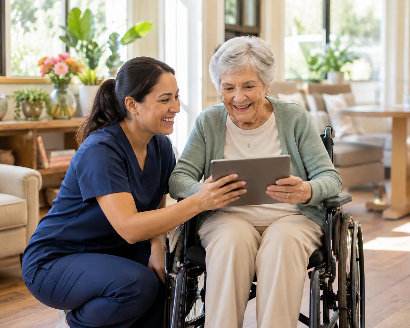 Caregiver assisting resident at a Texas assisted living facility